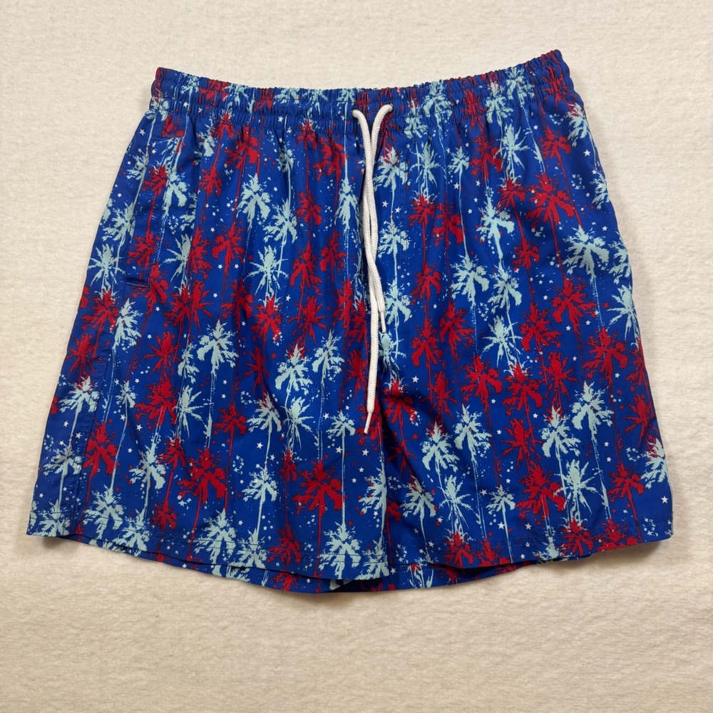 Southern Proper Mens XL Swim Trunks Blue Red‎ Palm Tree Board Shorts 4th of July
